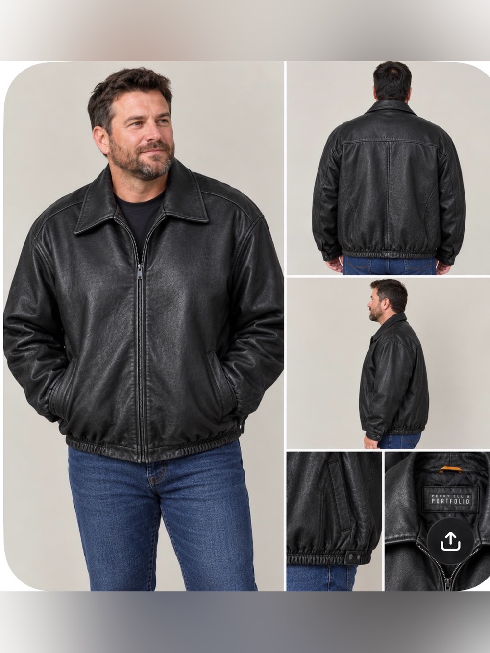 Men's Perry Ellis Portfolio 90’s Vintage Black Leather Bomber Zip Jacket